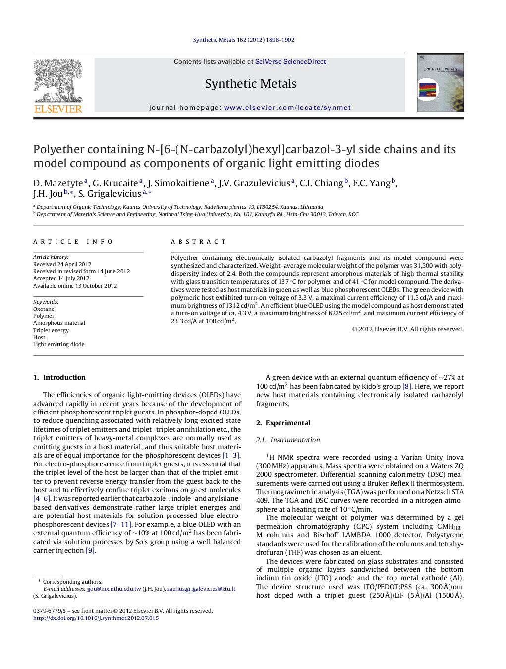 Polyether containing N-[6-(N-carbazolyl)hexyl]carbazol-3-yl side chains and its model compound as components of organic light emitting diodes