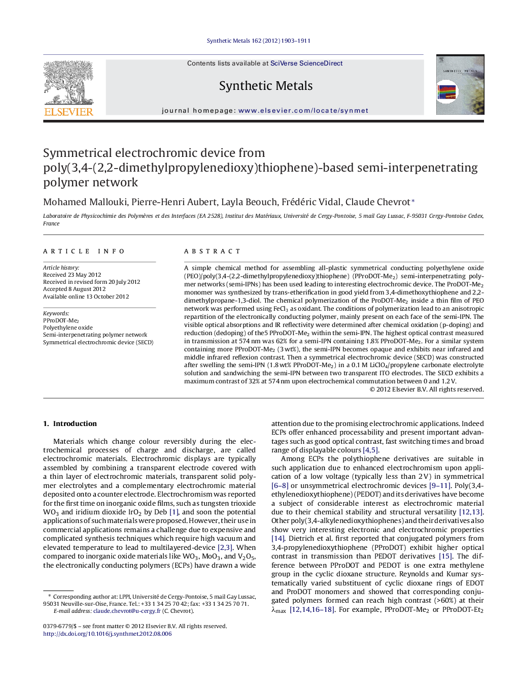 Symmetrical electrochromic device from poly(3,4-(2,2-dimethylpropylenedioxy)thiophene)-based semi-interpenetrating polymer network