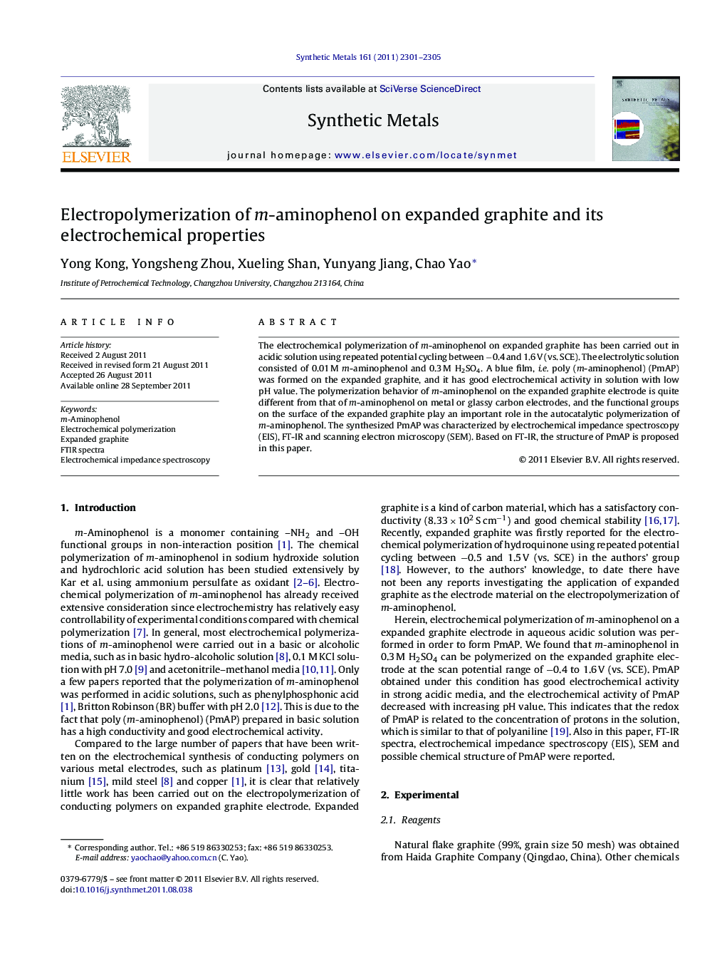 Electropolymerization of m-aminophenol on expanded graphite and its electrochemical properties