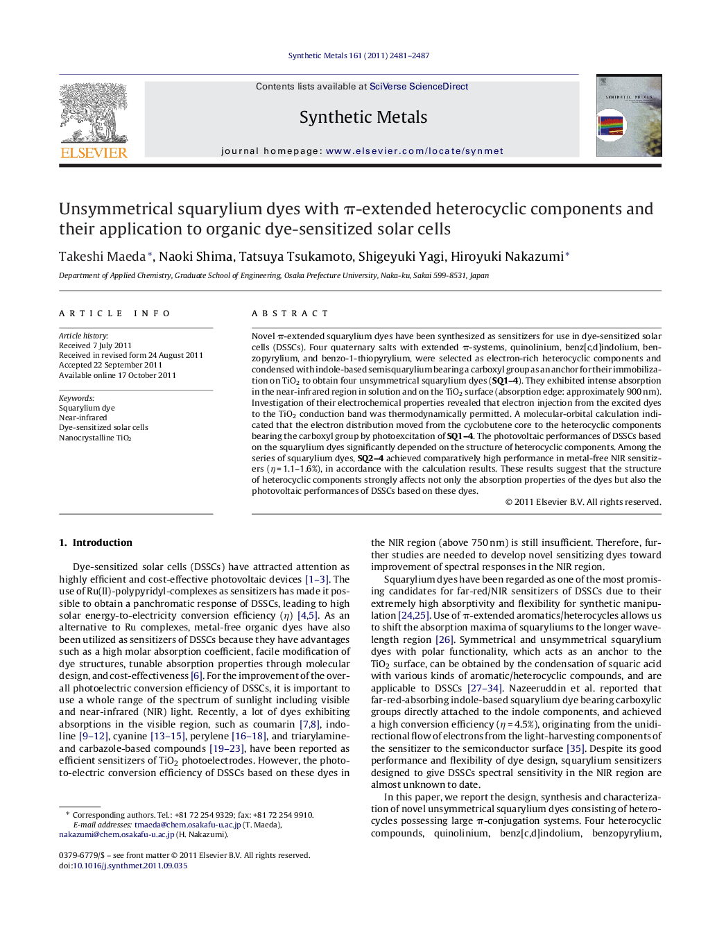 Unsymmetrical squarylium dyes with π-extended heterocyclic components and their application to organic dye-sensitized solar cells