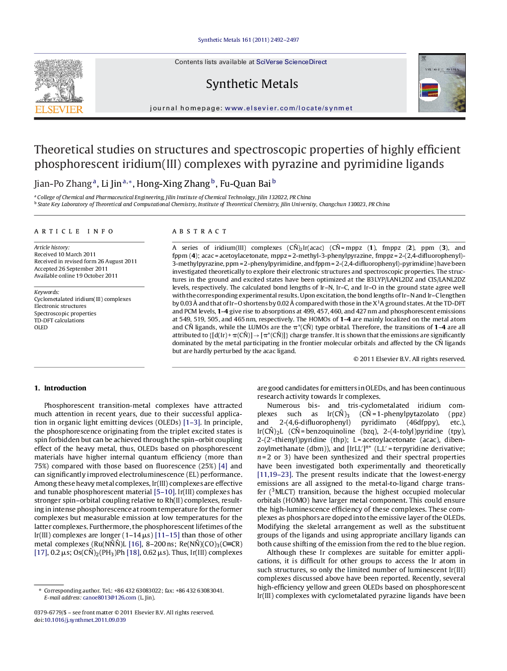 Theoretical studies on structures and spectroscopic properties of highly efficient phosphorescent iridium(III) complexes with pyrazine and pyrimidine ligands