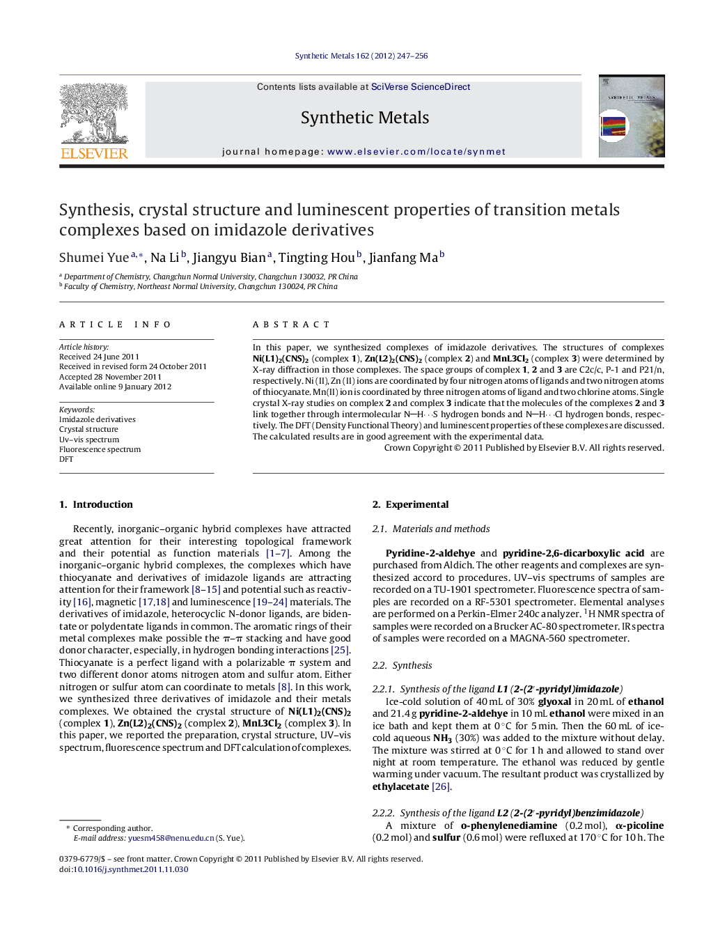 Synthesis, crystal structure and luminescent properties of transition metals complexes based on imidazole derivatives