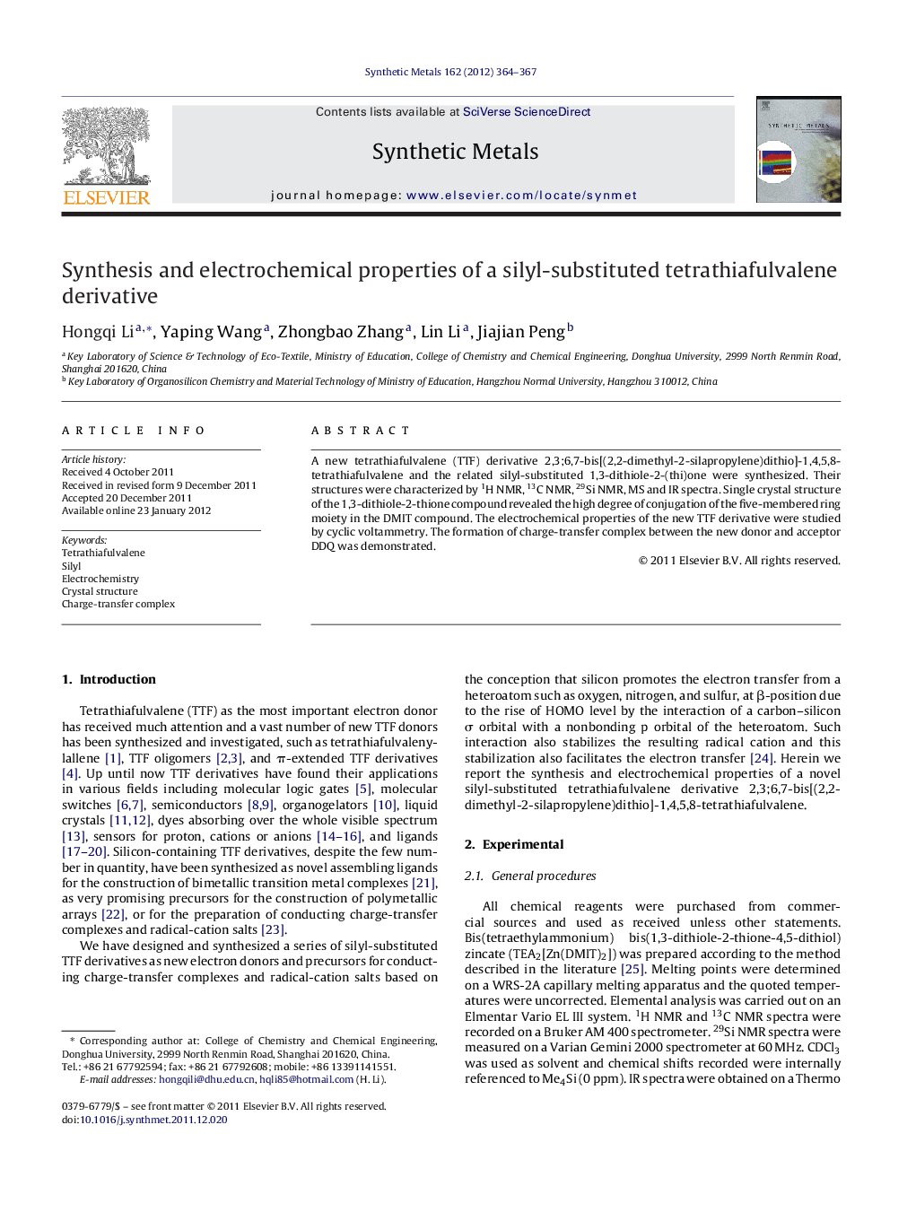 Synthesis and electrochemical properties of a silyl-substituted tetrathiafulvalene derivative