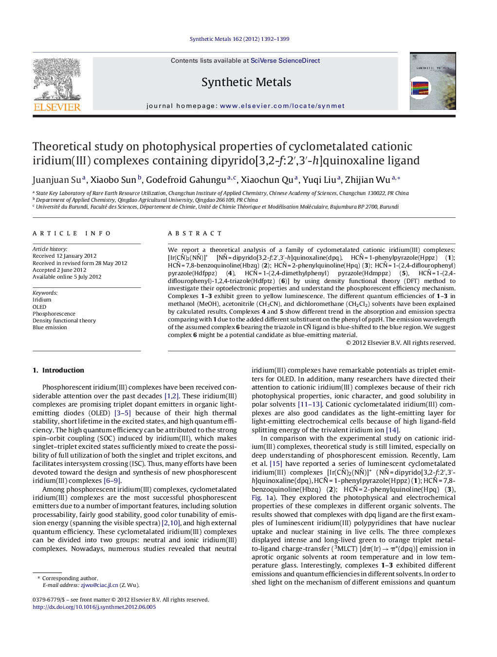 Theoretical study on photophysical properties of cyclometalated cationic iridium(III) complexes containing dipyrido[3,2-f:2′,3′-h]quinoxaline ligand