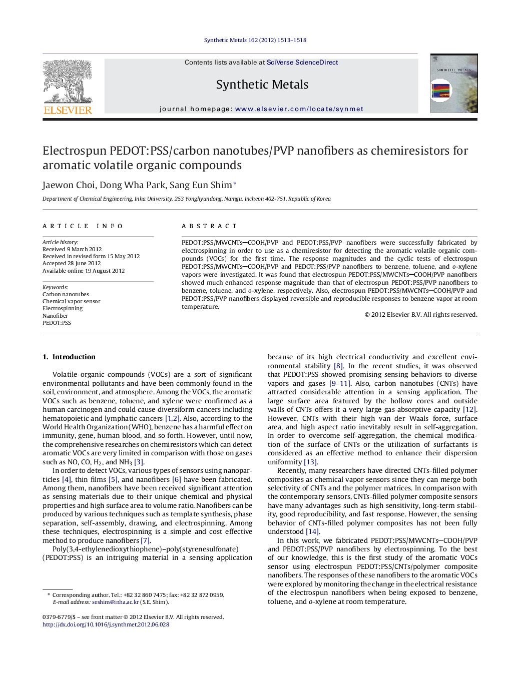 Electrospun PEDOT:PSS/carbon nanotubes/PVP nanofibers as chemiresistors for aromatic volatile organic compounds