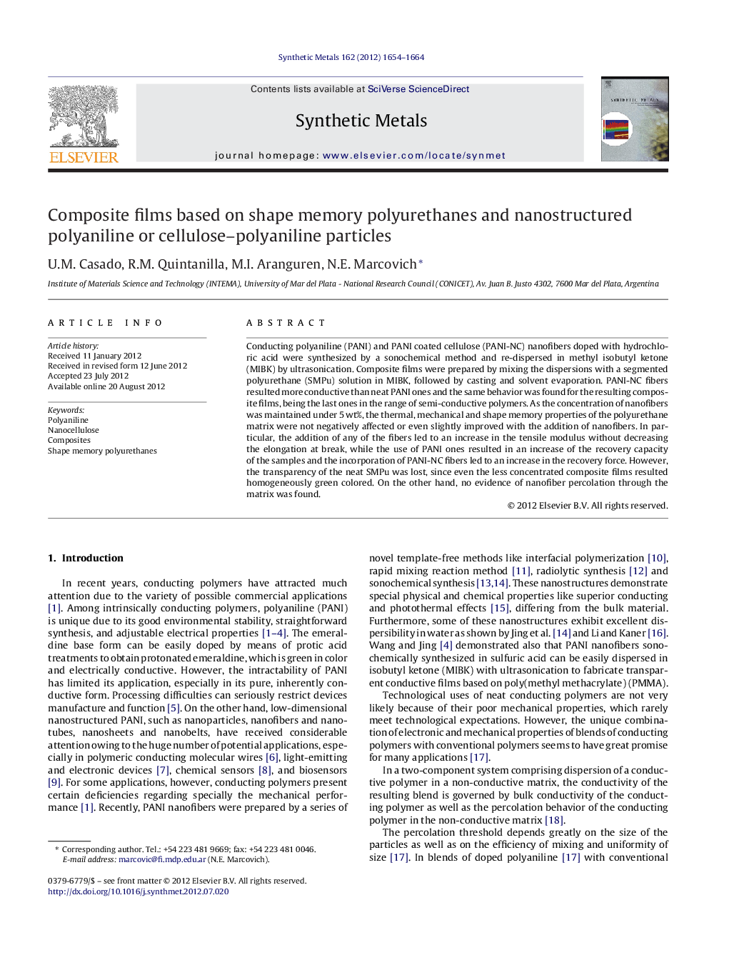 Composite films based on shape memory polyurethanes and nanostructured polyaniline or cellulose–polyaniline particles