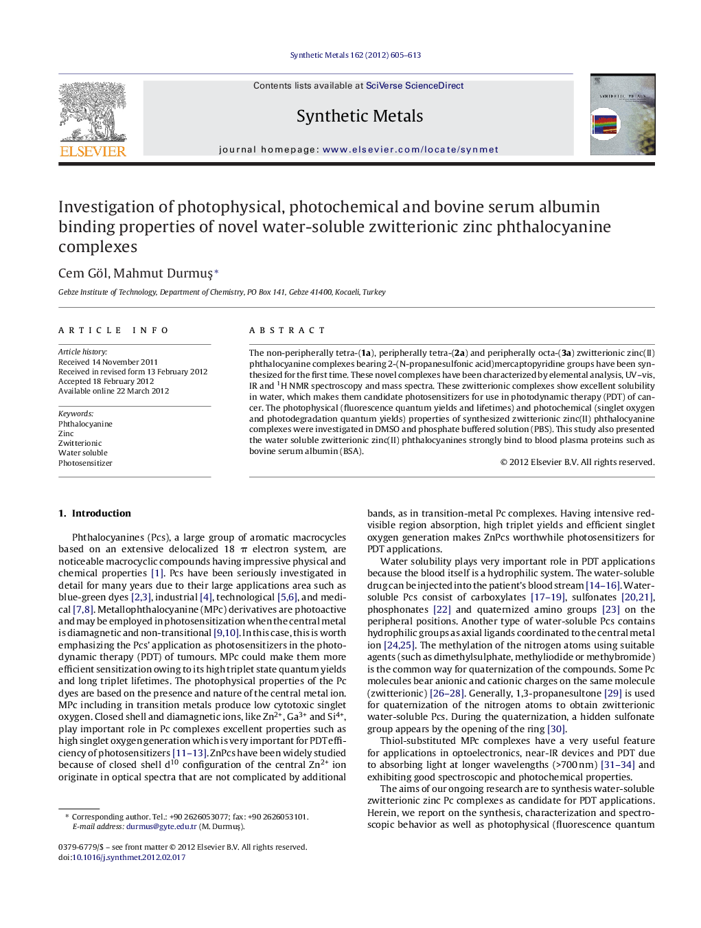 Investigation of photophysical, photochemical and bovine serum albumin binding properties of novel water-soluble zwitterionic zinc phthalocyanine complexes