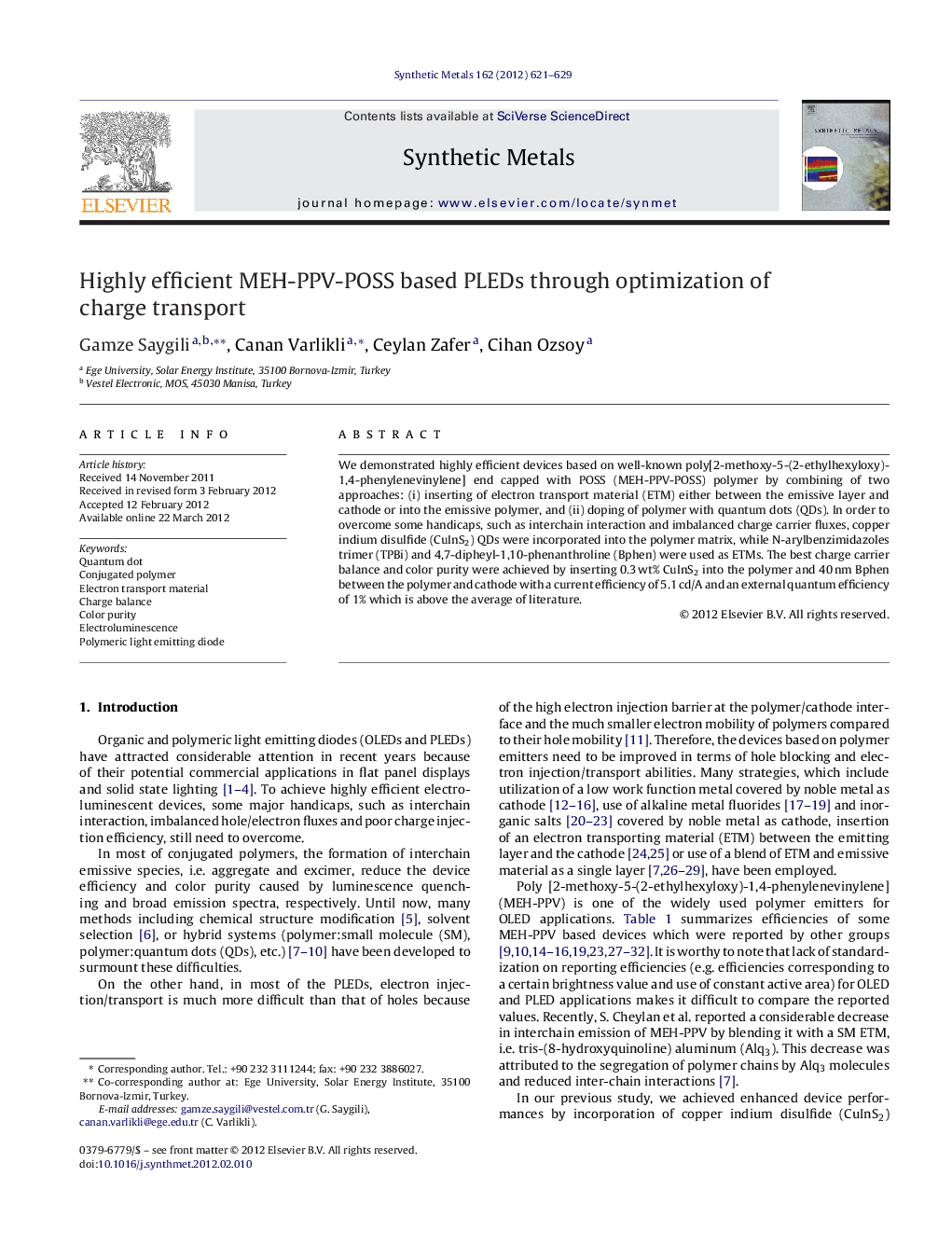 عکس صفحه اول مقاله: Highly efficient MEH-PPV-POSS based PLEDs through optimization of charge transport Highly efficient MEH-PPV-POSS based PLEDs through optimization of charge transport