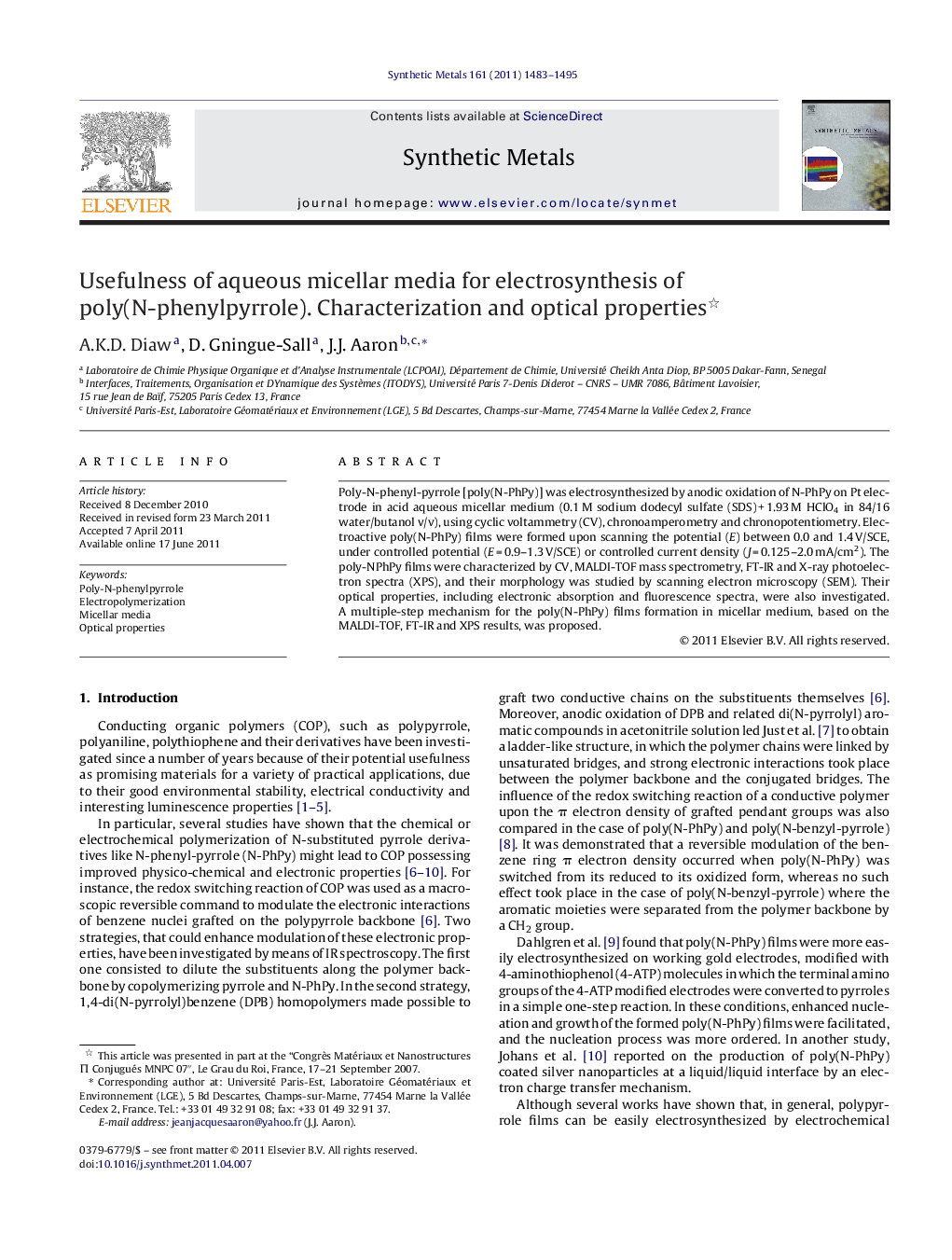 Usefulness of aqueous micellar media for electrosynthesis of poly(N-phenylpyrrole). Characterization and optical properties 