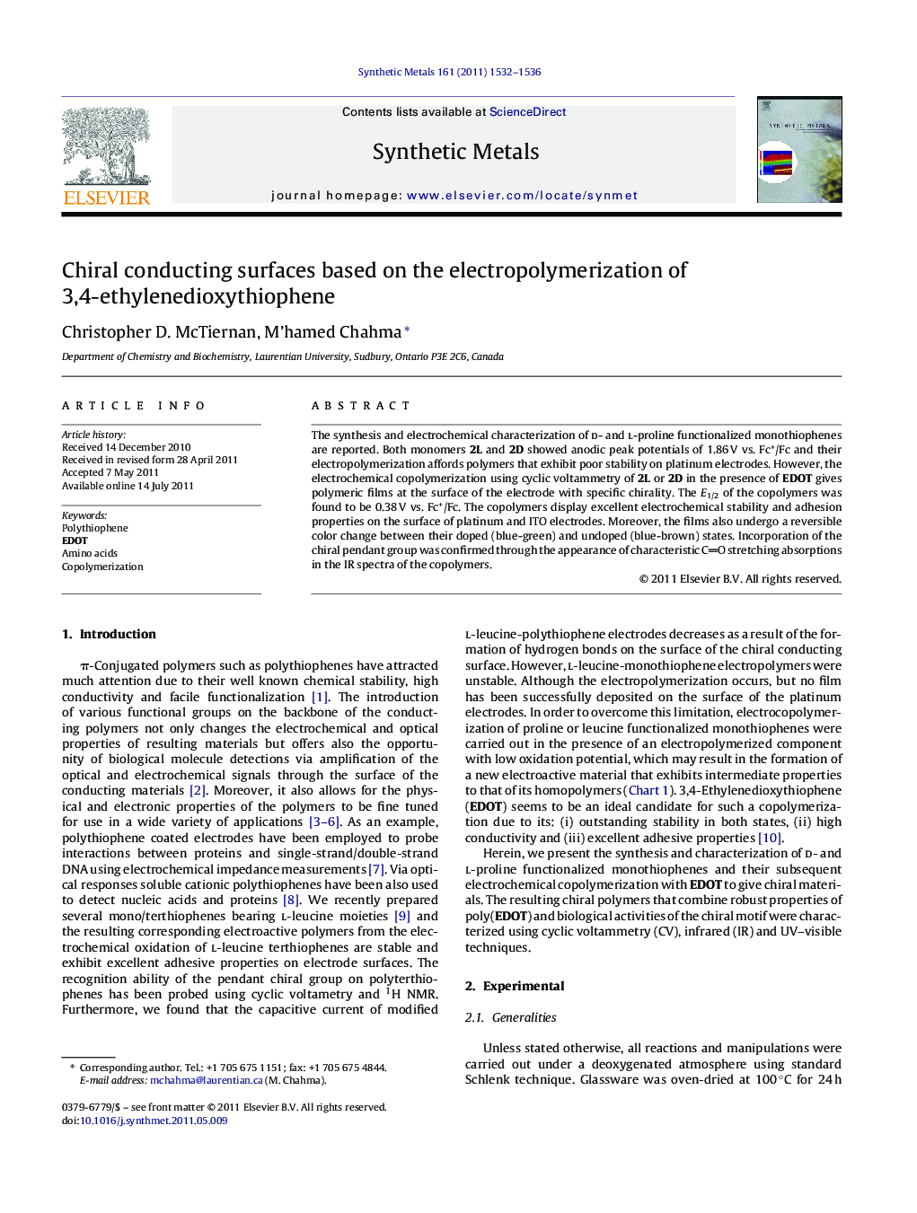 Chiral conducting surfaces based on the electropolymerization of 3,4-ethylenedioxythiophene