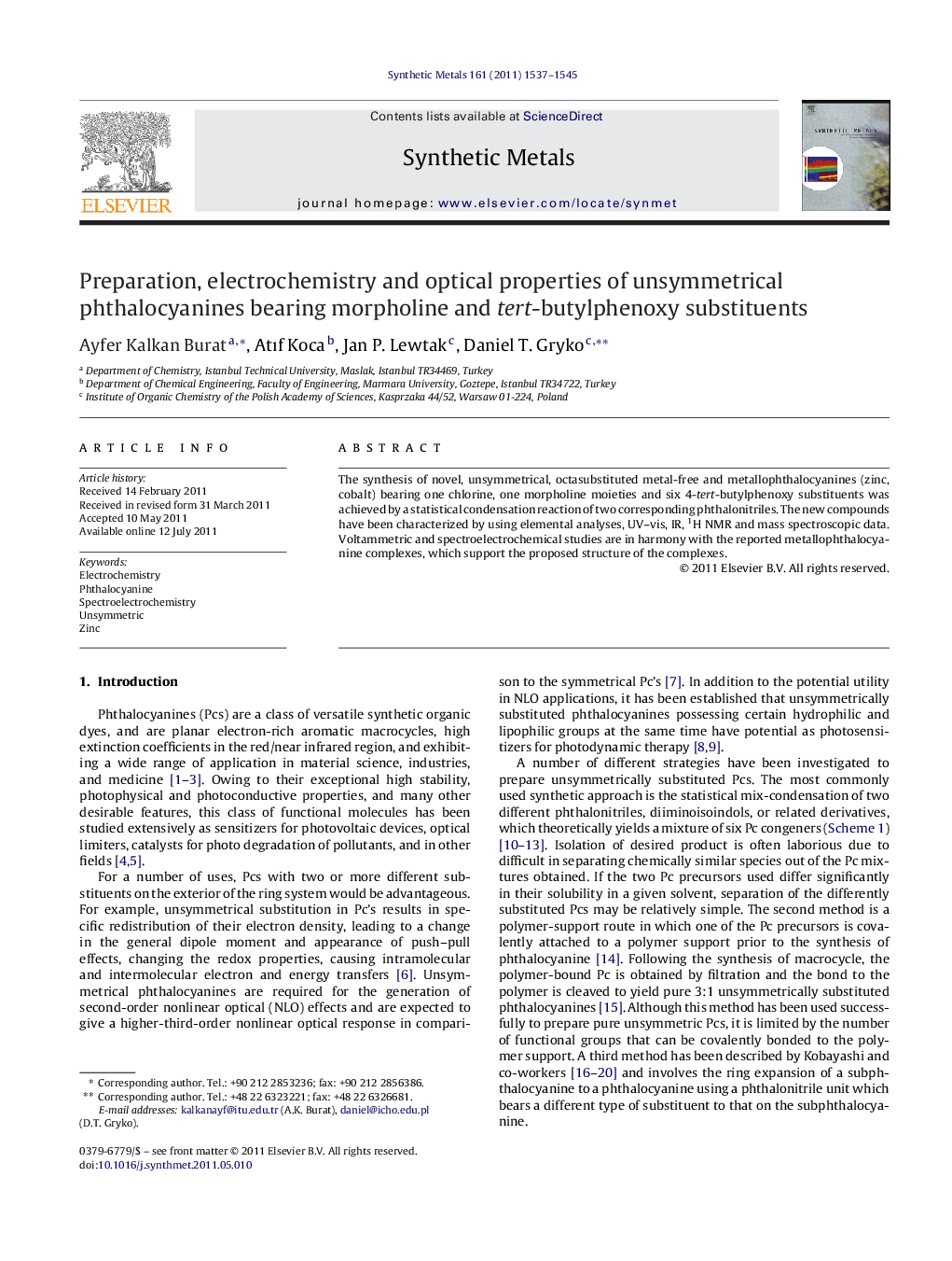 Preparation, electrochemistry and optical properties of unsymmetrical phthalocyanines bearing morpholine and tert-butylphenoxy substituents