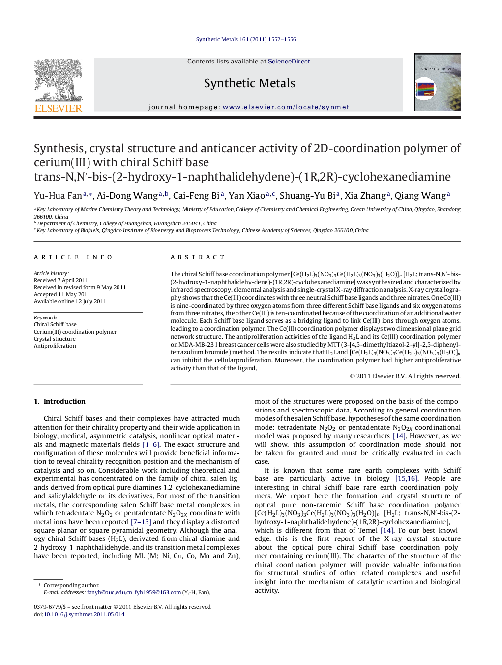 Synthesis, crystal structure and anticancer activity of 2D-coordination polymer of cerium(III) with chiral Schiff base trans-N,Nâ²-bis-(2-hydroxy-1-naphthalidehydene)-(1R,2R)-cyclohexanediamine