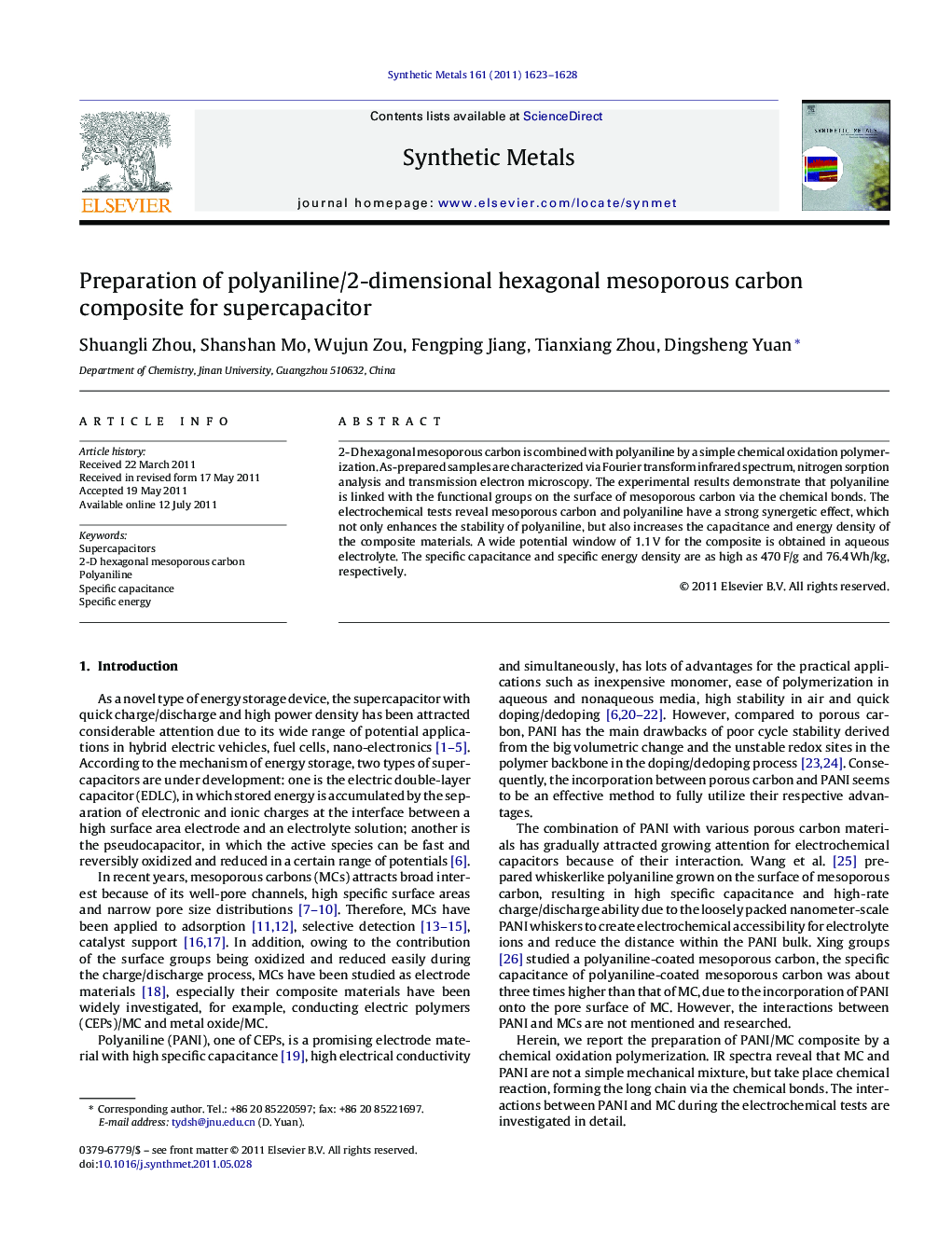 Preparation of polyaniline/2-dimensional hexagonal mesoporous carbon composite for supercapacitor