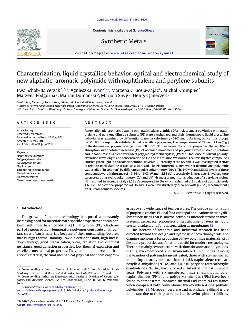 Characterization, liquid crystalline behavior, optical and electrochemical study of new aliphatic–aromatic polyimide with naphthalene and perylene subunits