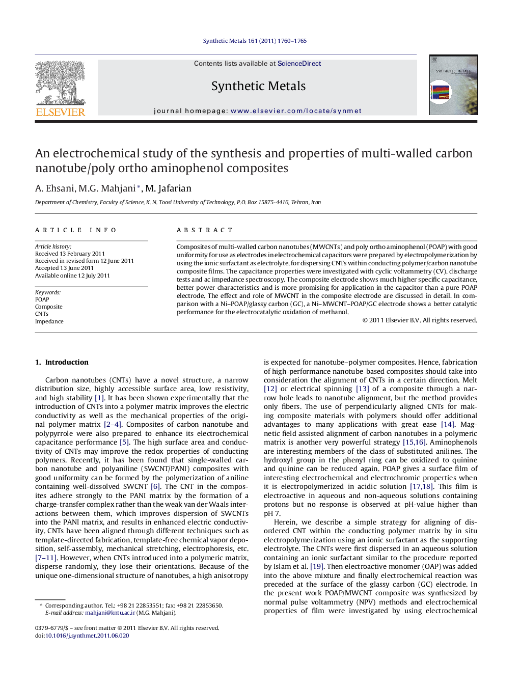 An electrochemical study of the synthesis and properties of multi-walled carbon nanotube/poly ortho aminophenol composites