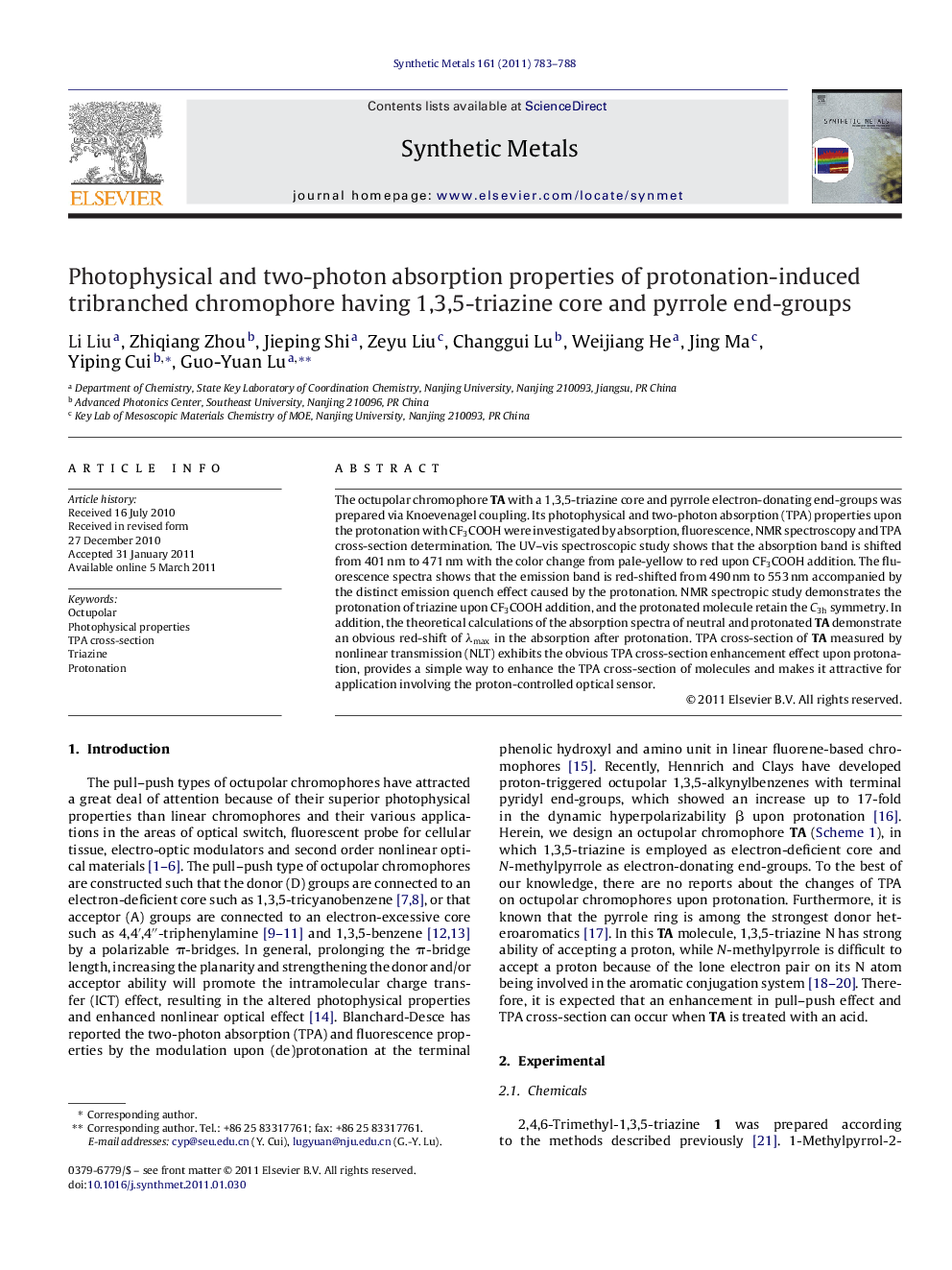 Photophysical and two-photon absorption properties of protonation-induced tribranched chromophore having 1,3,5-triazine core and pyrrole end-groups