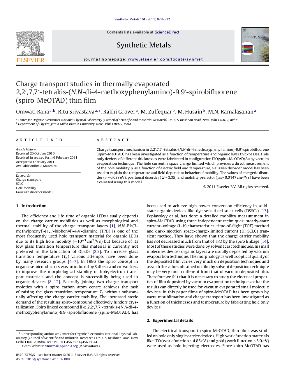 Charge transport studies in thermally evaporated 2,2′,7,7′-tetrakis-(N,N-di-4-methoxyphenylamino)-9,9′-spirobifluorene (spiro-MeOTAD) thin film