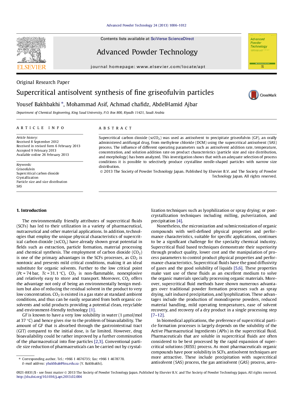 Supercritical antisolvent synthesis of fine griseofulvin particles