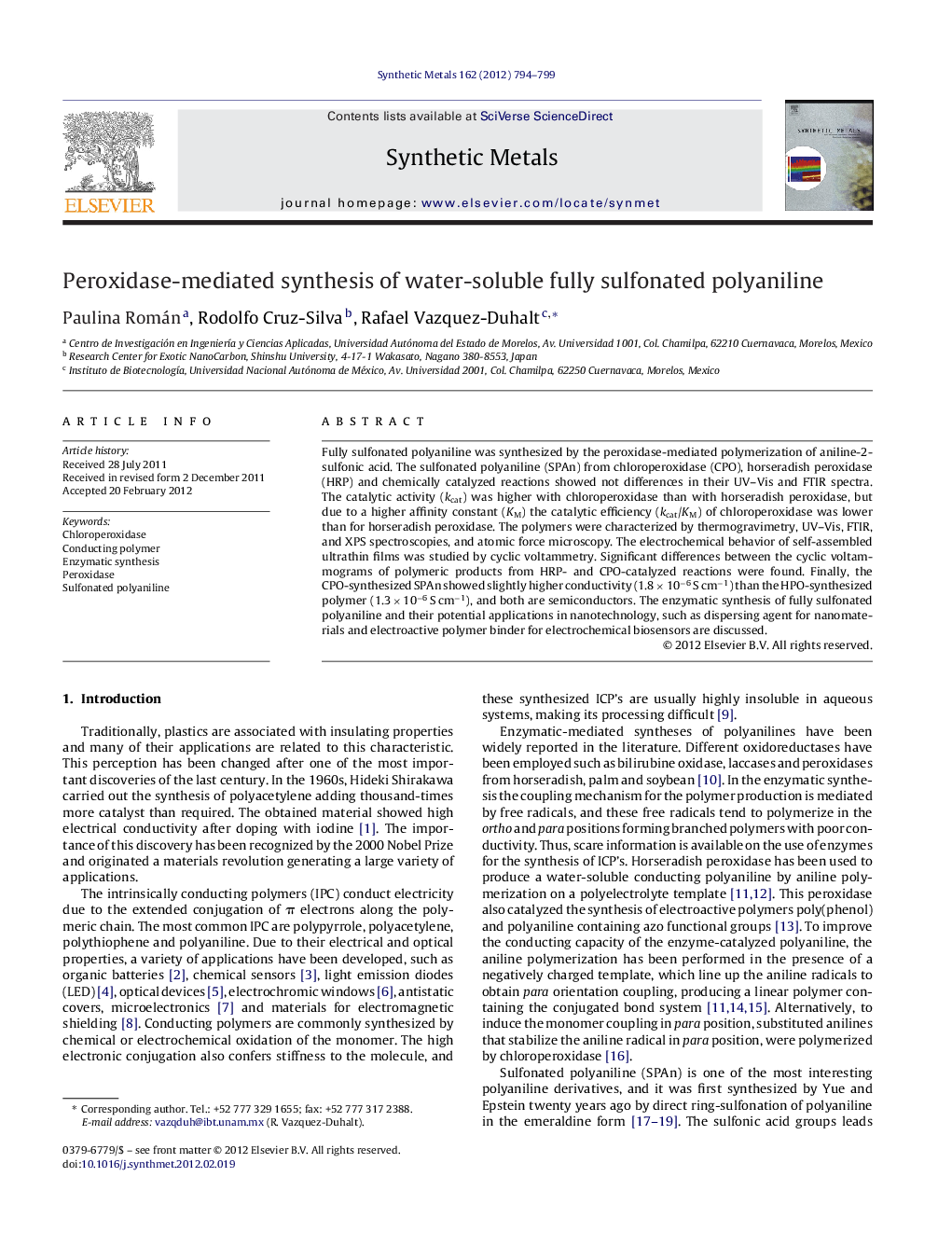 Peroxidase-mediated synthesis of water-soluble fully sulfonated polyaniline