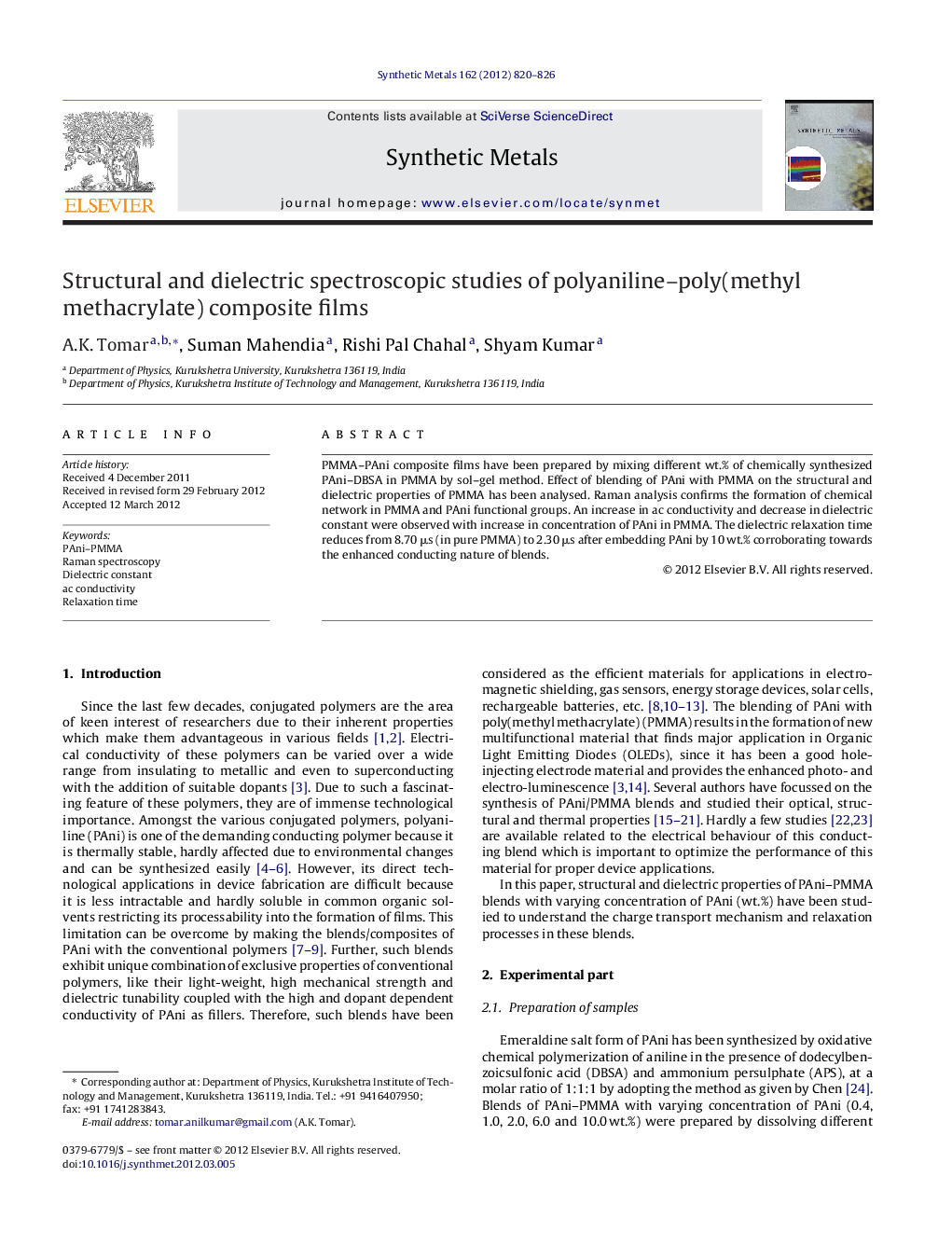 عکس صفحه اول مقاله: Structural and dielectric spectroscopic studies of polyaniline–poly(methyl methacrylate) composite films Structural and dielectric spectroscopic studies of polyaniline–poly(methyl methacrylate) composite films