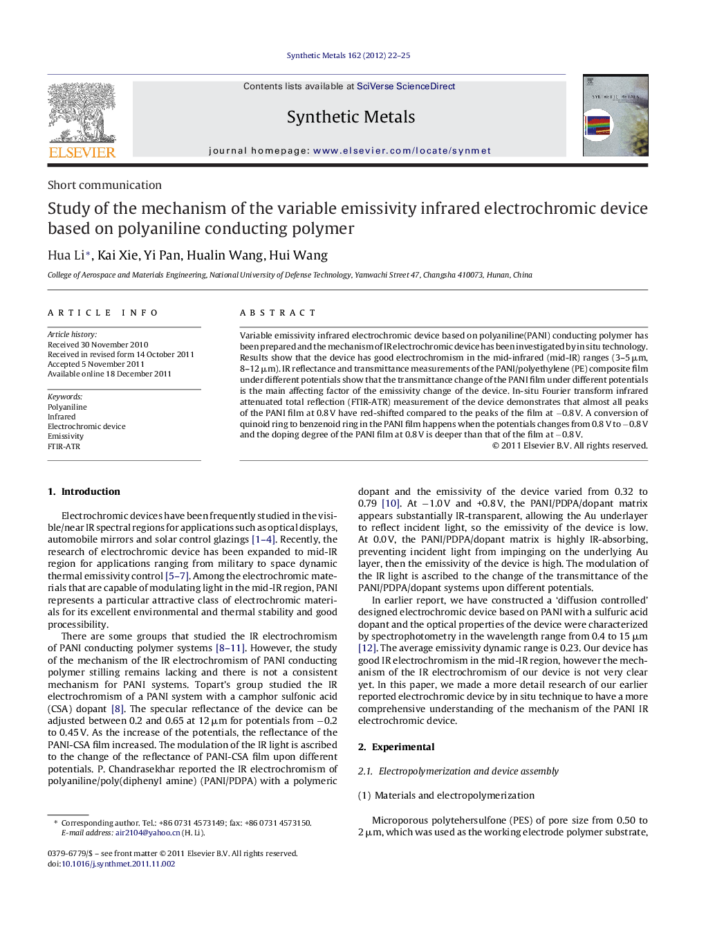 Study of the mechanism of the variable emissivity infrared electrochromic device based on polyaniline conducting polymer