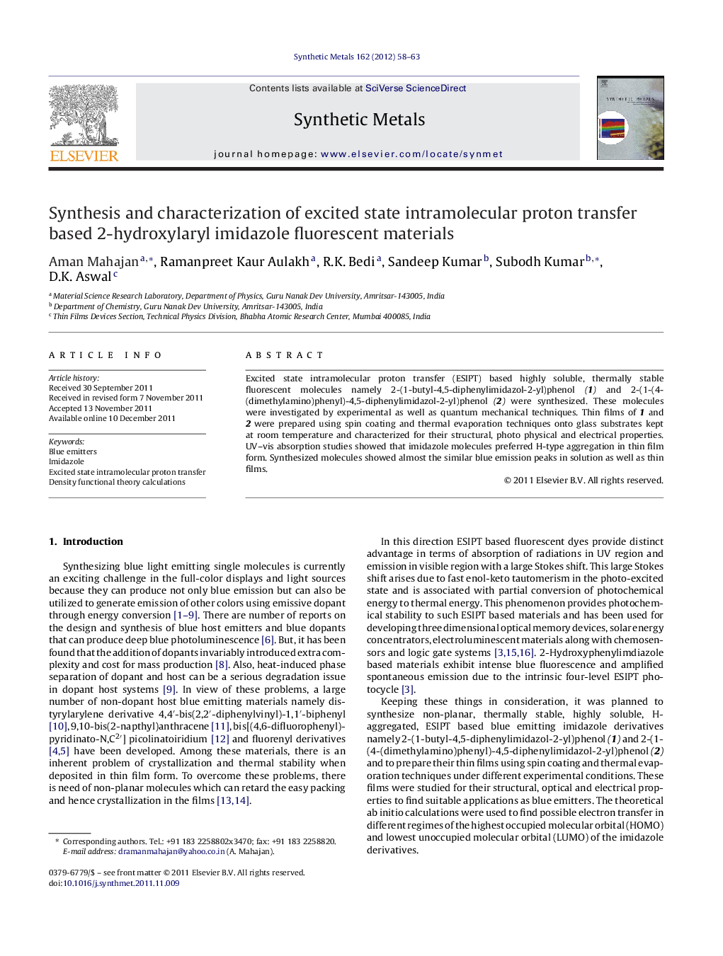 Synthesis and characterization of excited state intramolecular proton transfer based 2-hydroxylaryl imidazole fluorescent materials