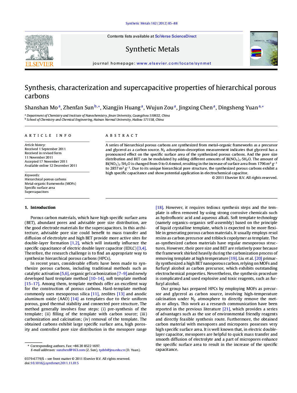 Synthesis, characterization and supercapacitive properties of hierarchical porous carbons