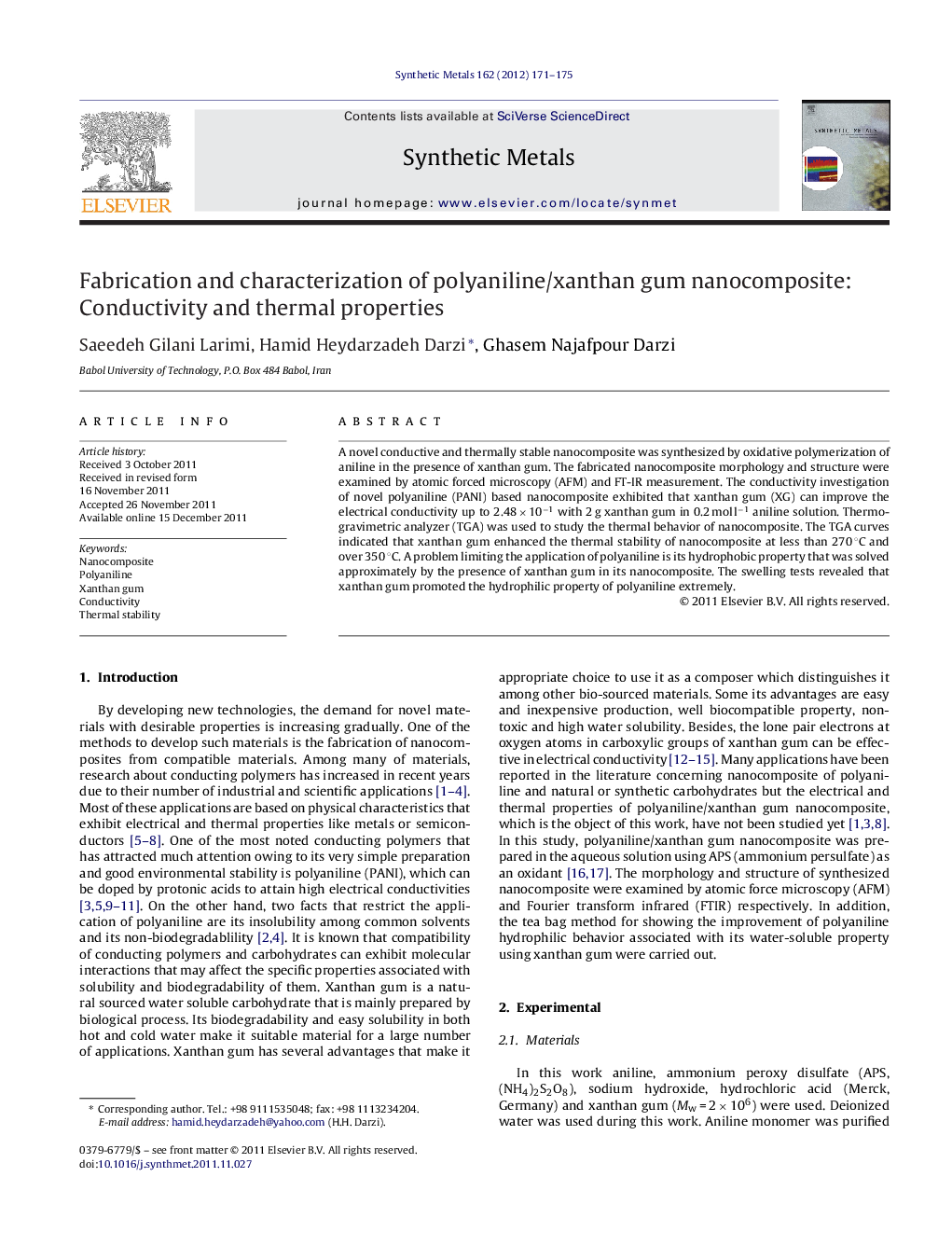 Fabrication and characterization of polyaniline/xanthan gum nanocomposite: Conductivity and thermal properties