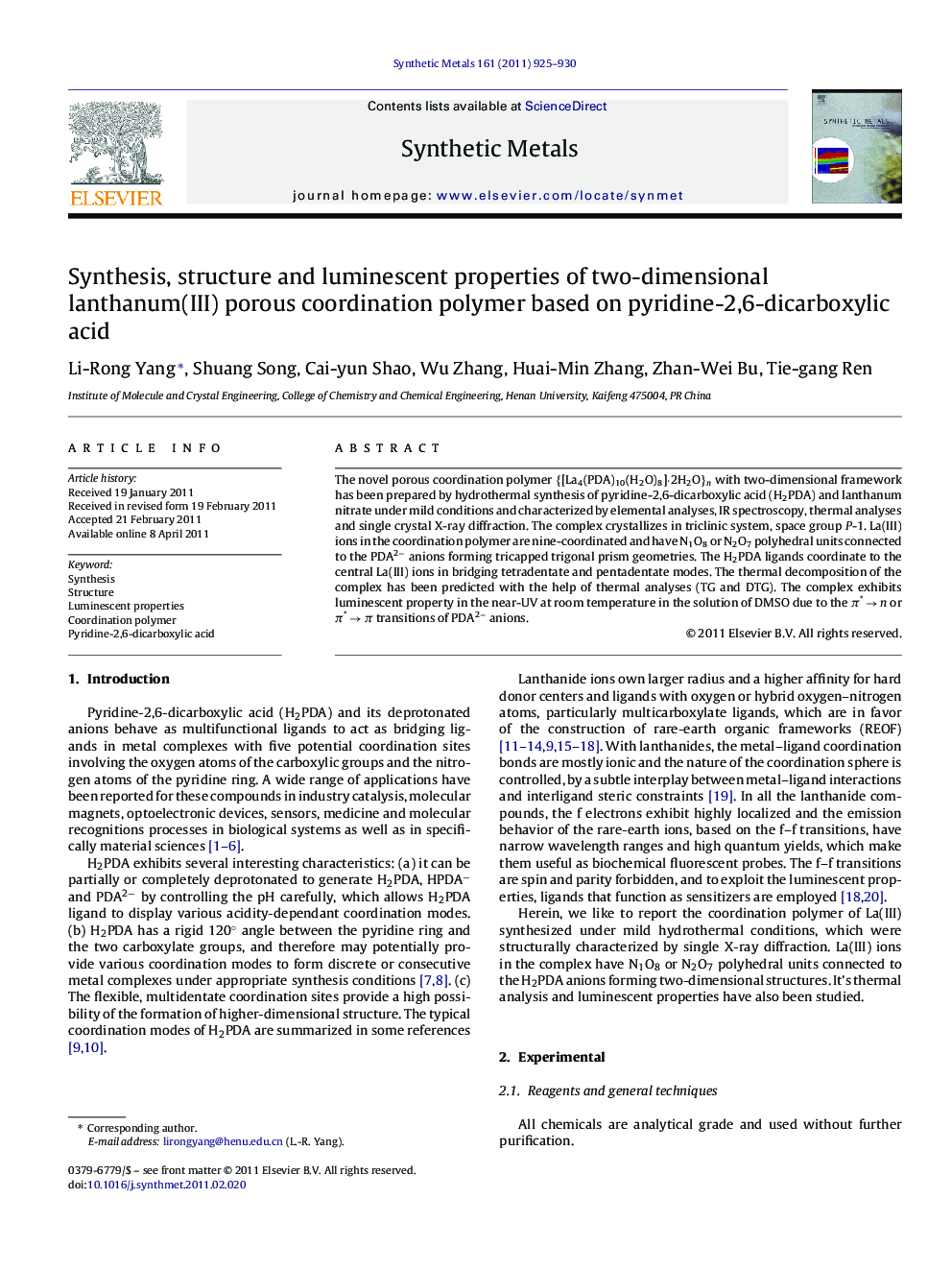 Synthesis, structure and luminescent properties of two-dimensional lanthanum(III) porous coordination polymer based on pyridine-2,6-dicarboxylic acid