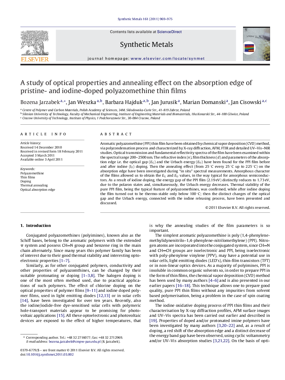 A study of optical properties and annealing effect on the absorption edge of pristine- and iodine-doped polyazomethine thin films