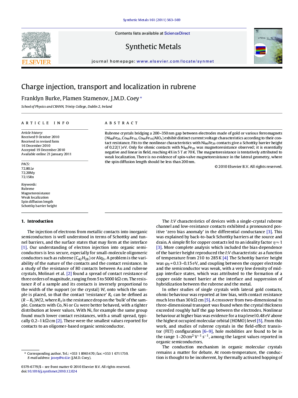 Charge injection, transport and localization in rubrene