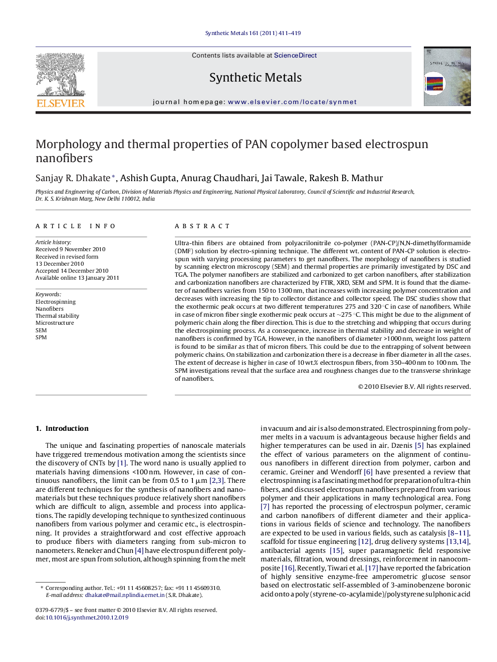 عکس صفحه اول مقاله: Morphology and thermal properties of PAN copolymer based electrospun nanofibers Morphology and thermal properties of PAN copolymer based electrospun nanofibers