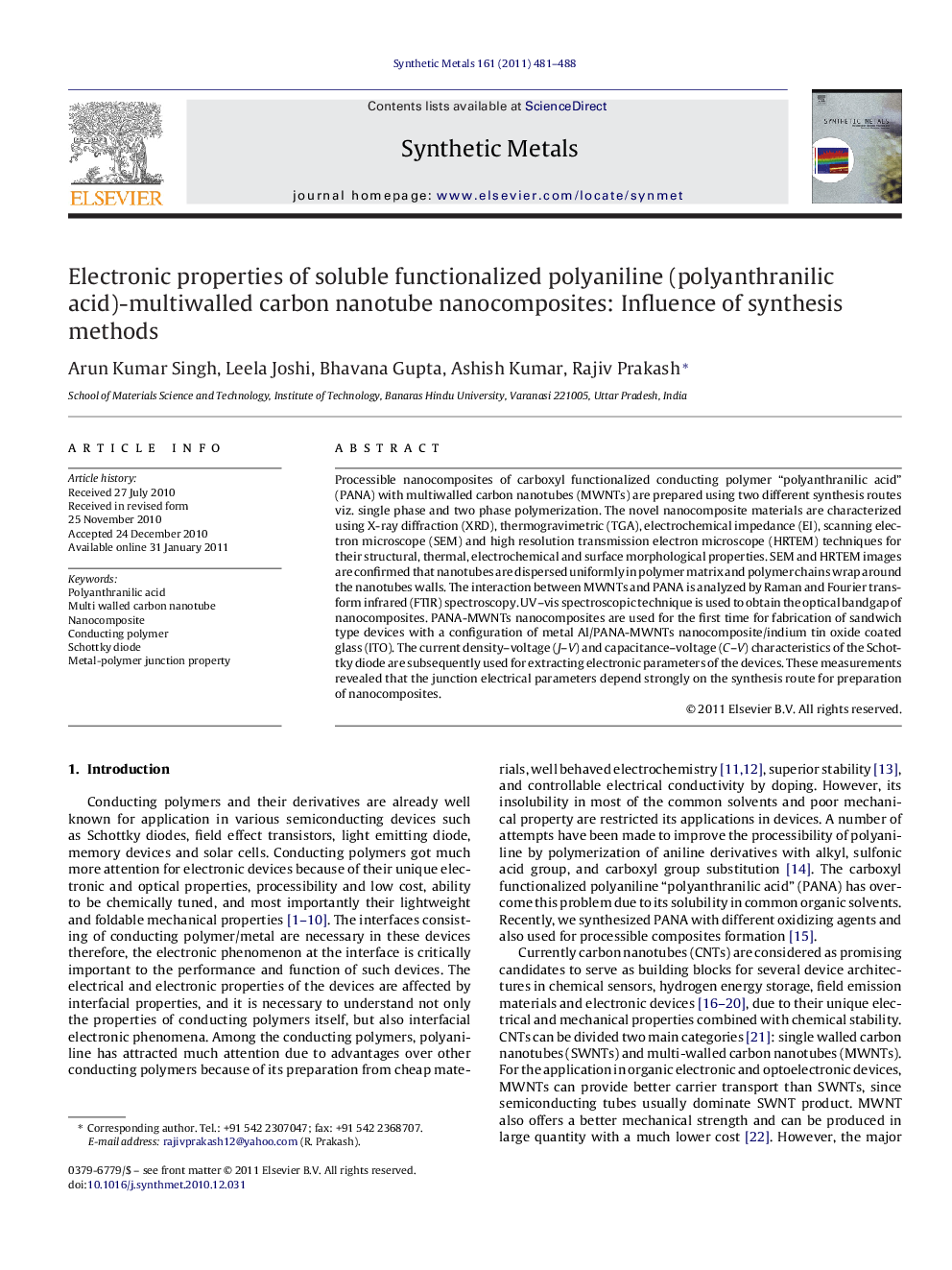 Electronic properties of soluble functionalized polyaniline (polyanthranilic acid)-multiwalled carbon nanotube nanocomposites: Influence of synthesis methods