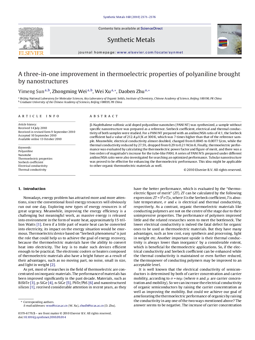 عکس صفحه اول مقاله: A three-in-one improvement in thermoelectric properties of polyaniline brought by nanostructures A three-in-one improvement in thermoelectric properties of polyaniline brought by nanostructures