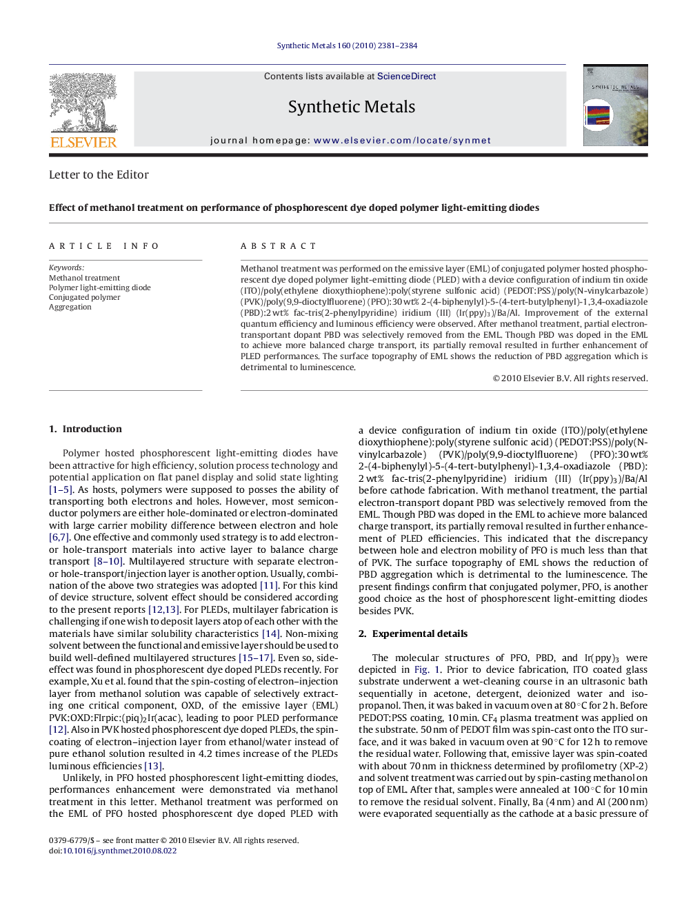 Effect of methanol treatment on performance of phosphorescent dye doped polymer light-emitting diodes