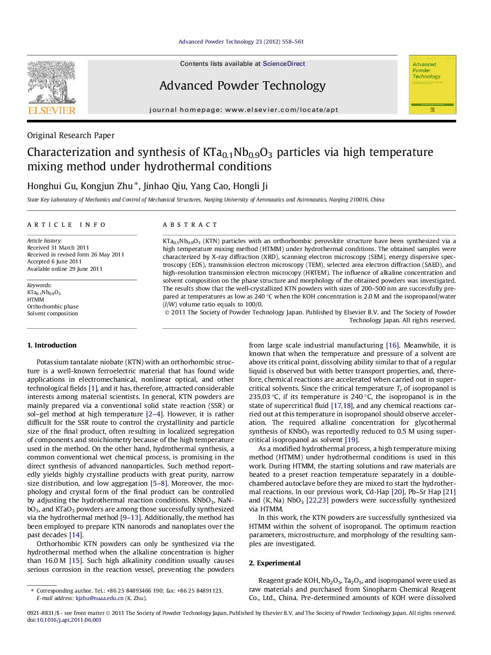 Characterization and synthesis of KTa0.1Nb0.9O3 particles via high temperature mixing method under hydrothermal conditions