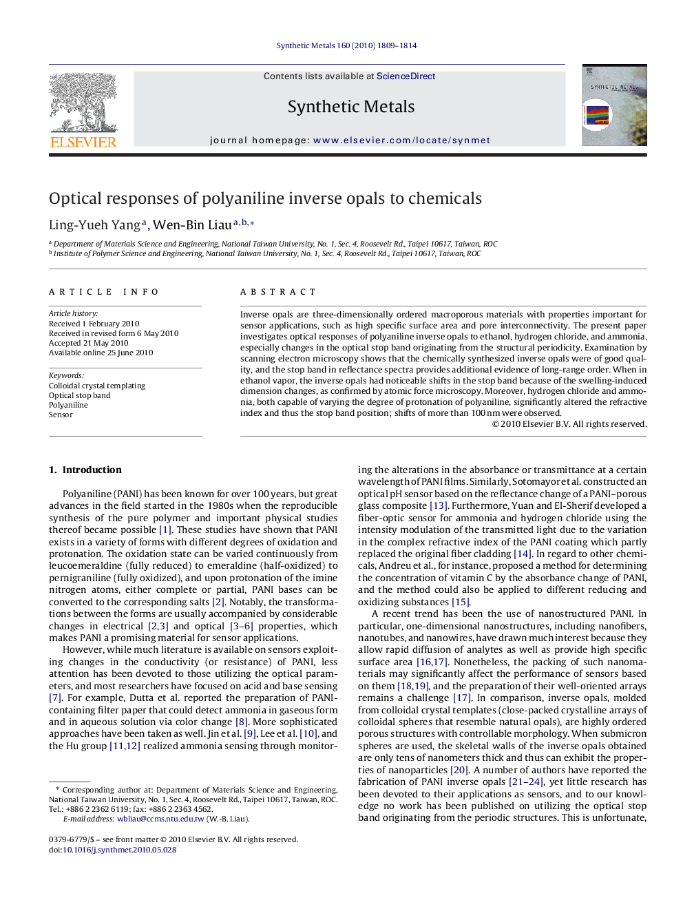 Optical responses of polyaniline inverse opals to chemicals