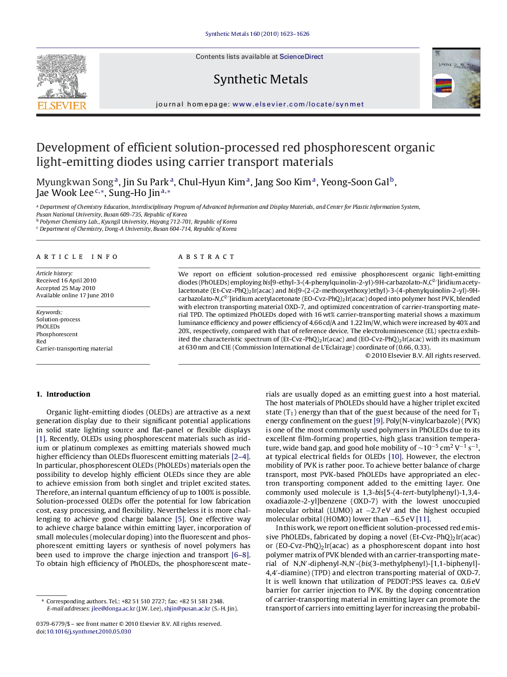 Development of efficient solution-processed red phosphorescent organic light-emitting diodes using carrier transport materials