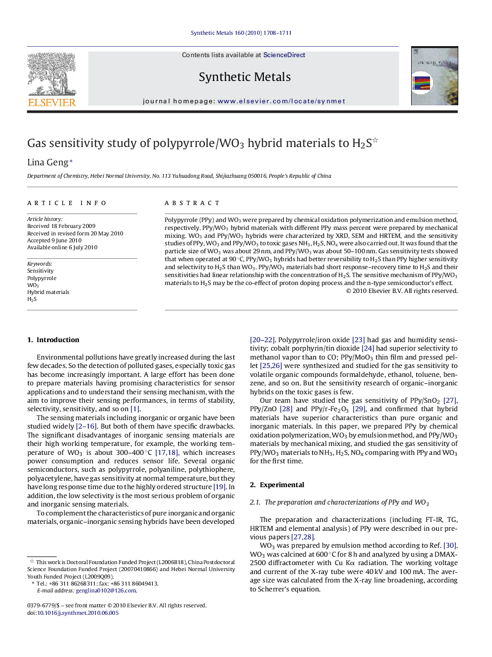 Gas sensitivity study of polypyrrole/WO3 hybrid materials to H2S 