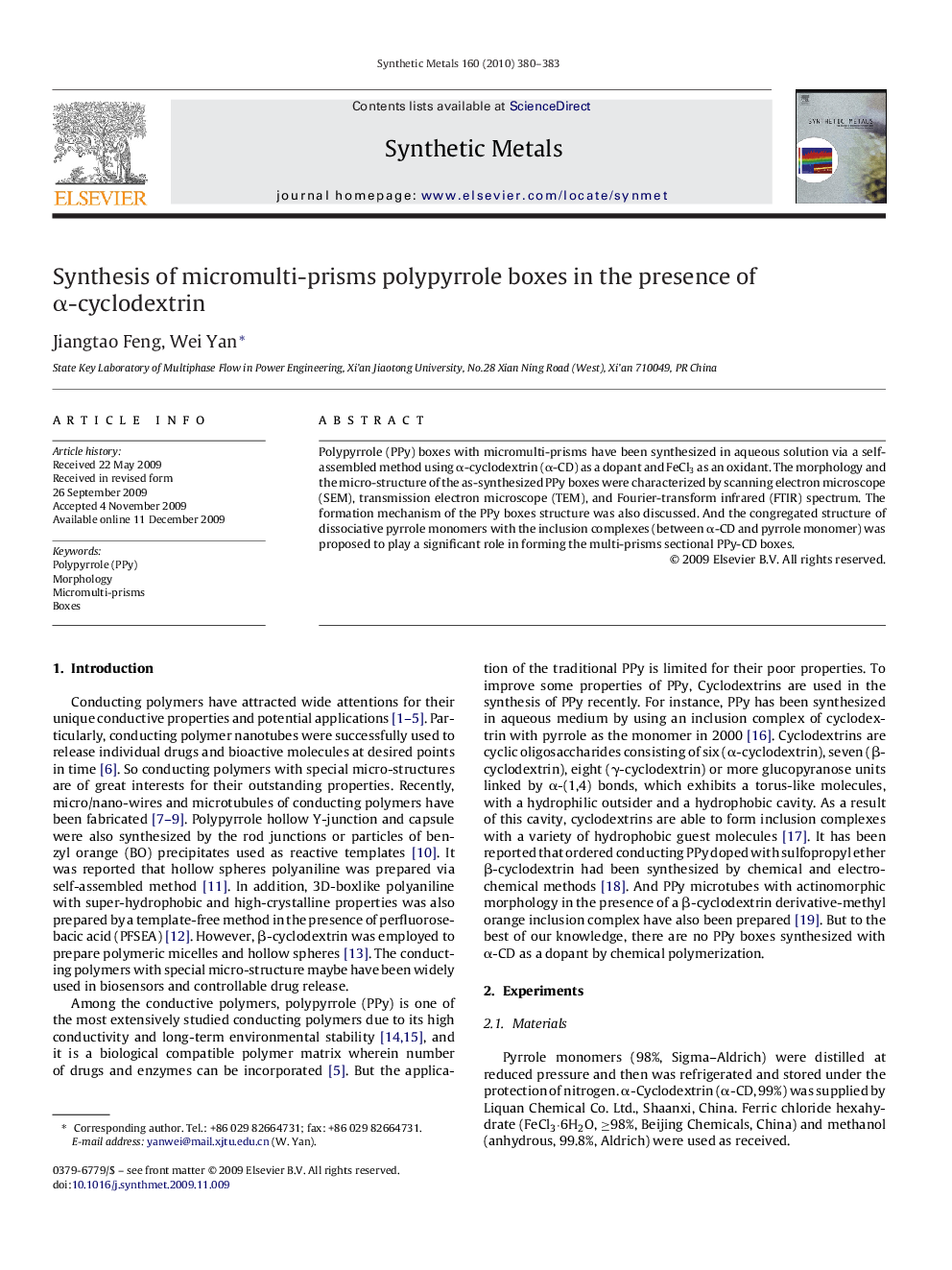 Synthesis of micromulti-prisms polypyrrole boxes in the presence of α-cyclodextrin