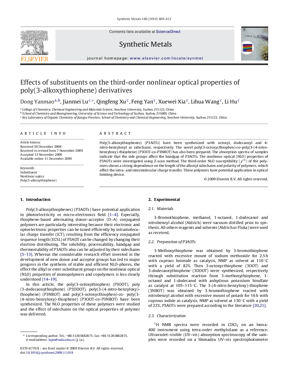 Effects of substituents on the third-order nonlinear optical properties of poly(3-alkoxythiophene) derivatives