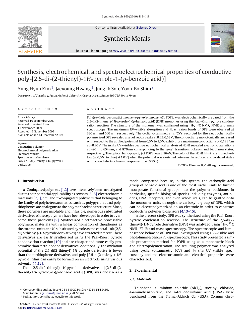 Synthesis, electrochemical, and spectroelectrochemical properties of conductive poly-[2,5-di-(2-thienyl)-1H-pyrrole-1-(p-benzoic acid)]