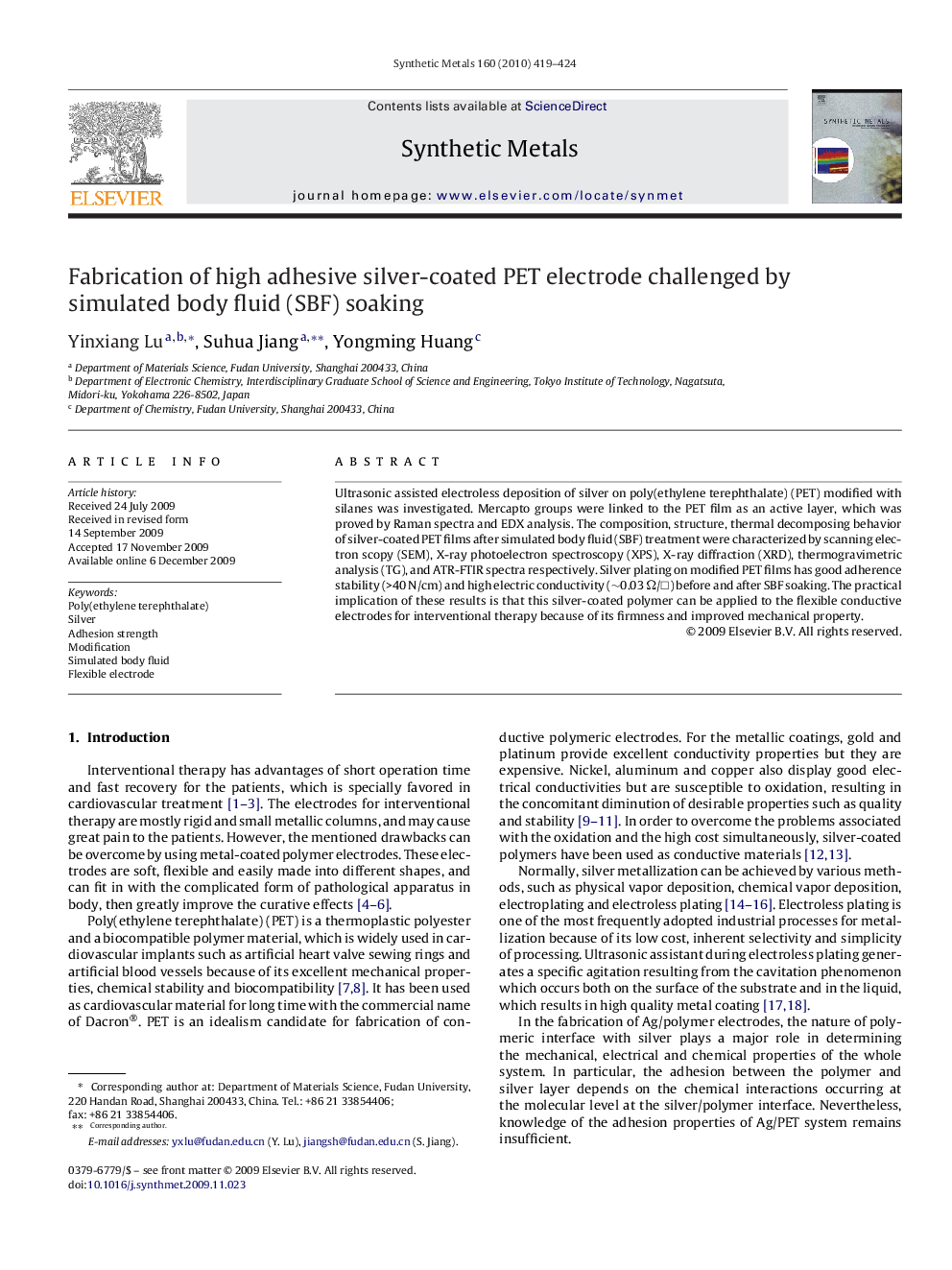 Fabrication of high adhesive silver-coated PET electrode challenged by simulated body fluid (SBF) soaking