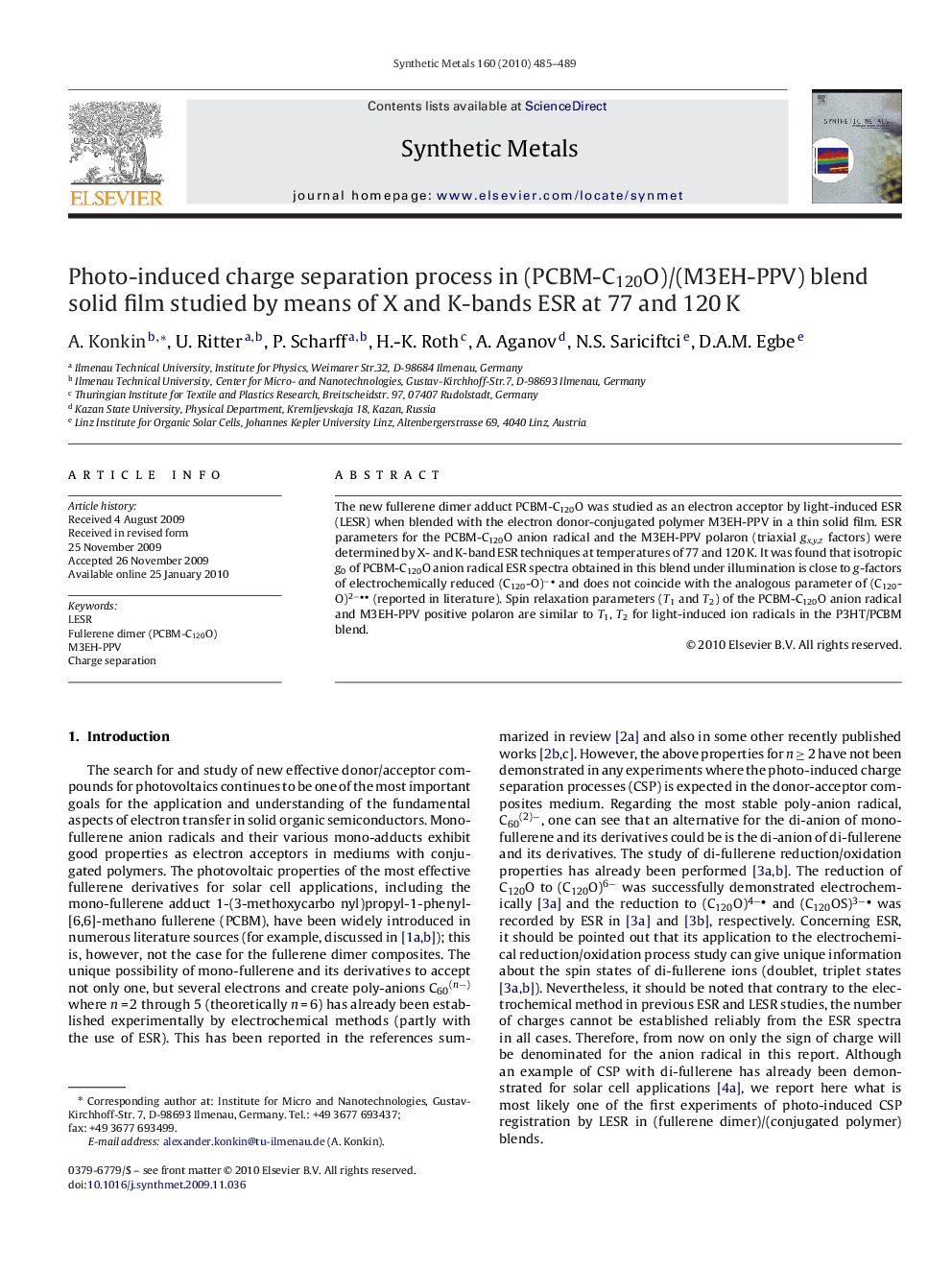 Photo-induced charge separation process in (PCBM-C120O)/(M3EH-PPV) blend solid film studied by means of X and K-bands ESR at 77 and 120 K