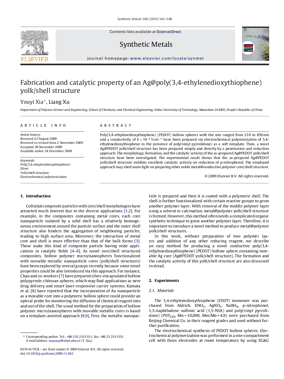 Fabrication and catalytic property of an Ag@poly(3,4-ethylenedioxythiophene) yolk/shell structure