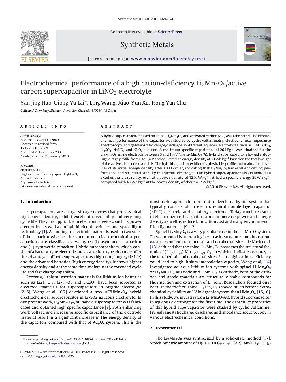 Electrochemical performance of a high cation-deficiency Li2Mn4O9/active carbon supercapacitor in LiNO3 electrolyte