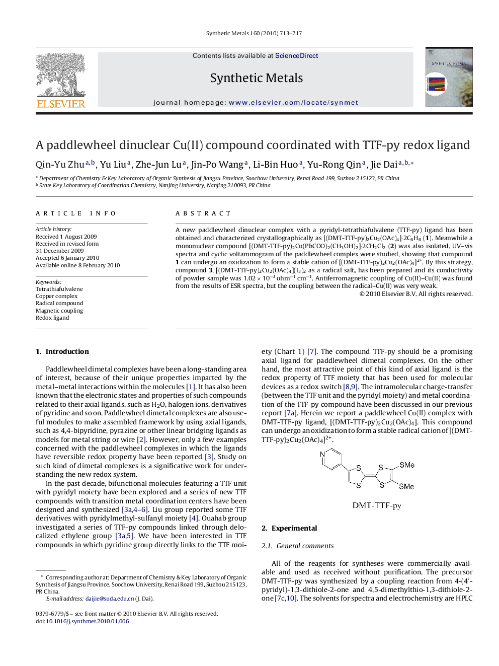 A paddlewheel dinuclear Cu(II) compound coordinated with TTF-py redox ligand