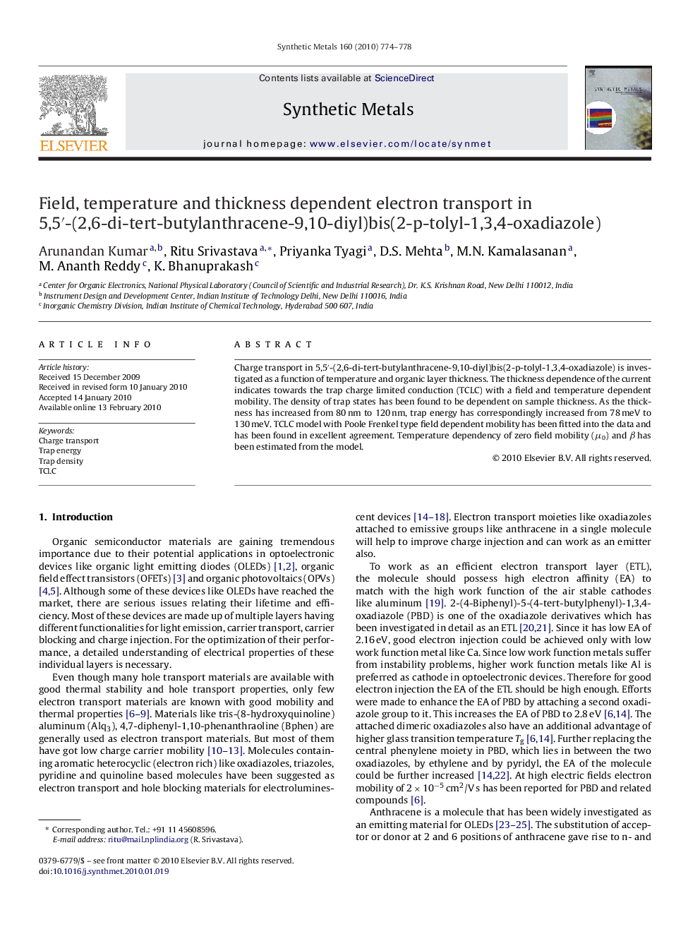 Field, temperature and thickness dependent electron transport in 5,5′-(2,6-di-tert-butylanthracene-9,10-diyl)bis(2-p-tolyl-1,3,4-oxadiazole)