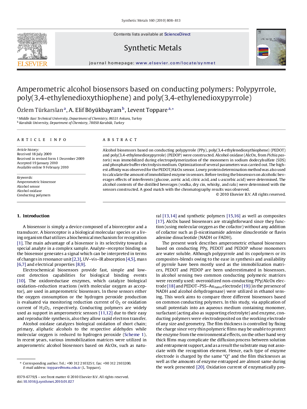 Amperometric alcohol biosensors based on conducting polymers: Polypyrrole, poly(3,4-ethylenedioxythiophene) and poly(3,4-ethylenedioxypyrrole)