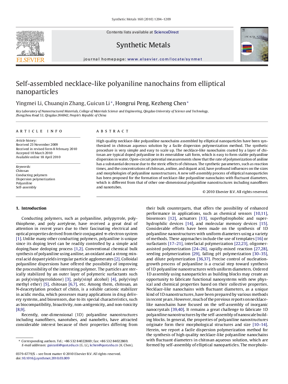 Self-assembled necklace-like polyaniline nanochains from elliptical nanoparticles